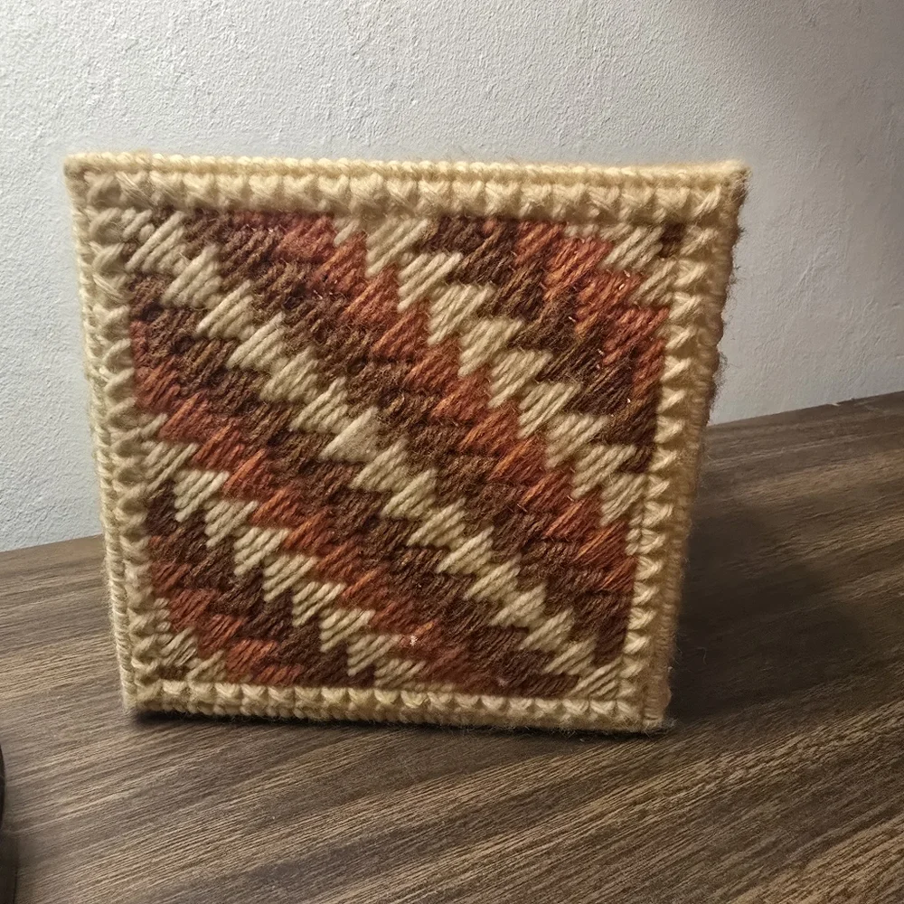 Handcrafted Crosstitch Vintage Tissue Box Holder - Orange and Cream